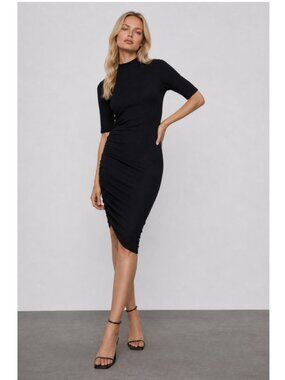 Zara Black Midi Dress Side Ruched Ribbed Small